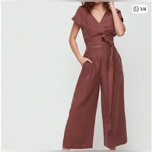 Aritzia Wilfred brown wide leg wrap top jumpsuit